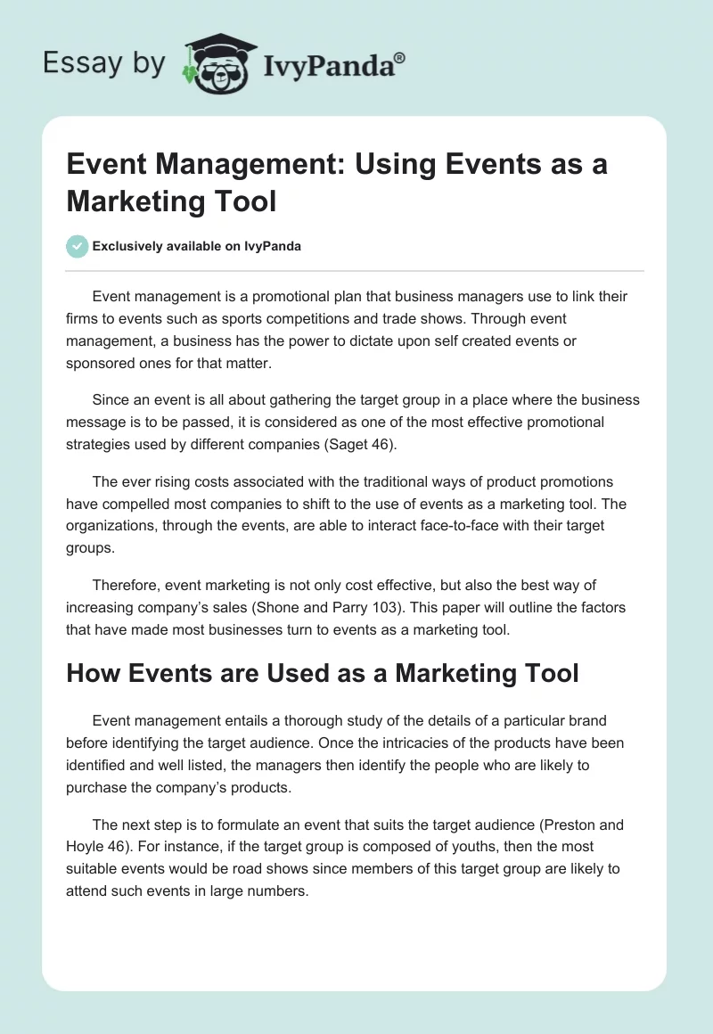 Event Management: Using Events as a Marketing Tool. Page 1