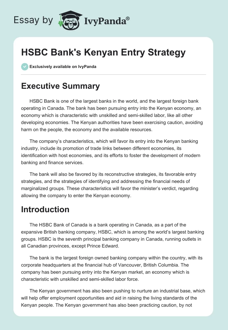 HSBC Bank's Kenyan Entry Strategy. Page 1