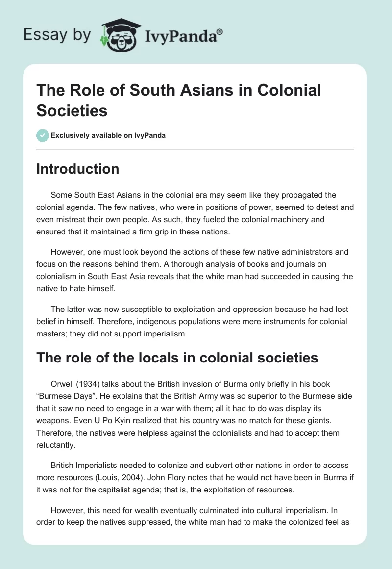 The Role of South Asians in Colonial Societies. Page 1