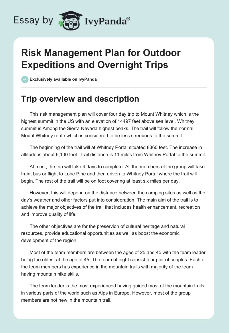 Risk Management Plan for Outdoor Expeditions and Overnight Trips. Page 1