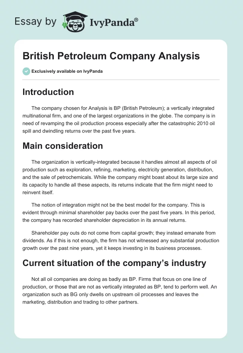 British Petroleum Company Analysis. Page 1