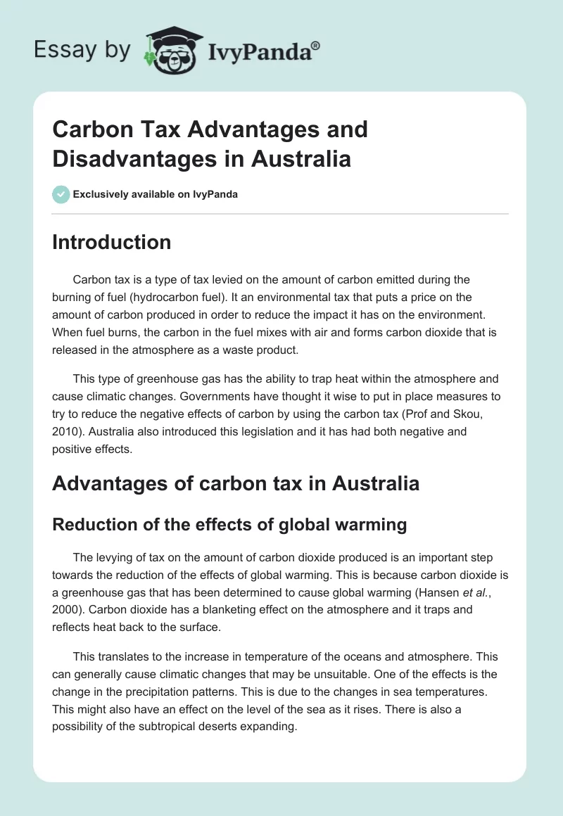 Carbon Tax Advantages and Disadvantages in Australia. Page 1