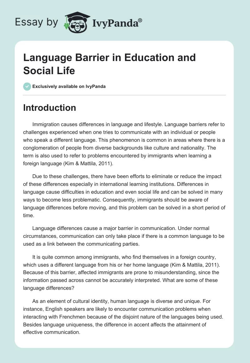 Language Barrier in Education and Social Life. Page 1