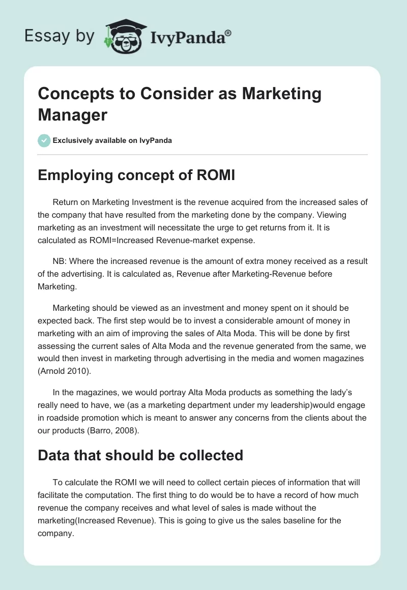 Concepts to Consider as Marketing Manager. Page 1