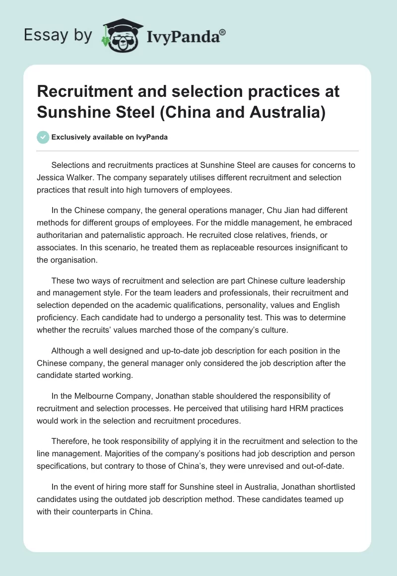 Recruitment and selection practices at Sunshine Steel (China and Australia). Page 1