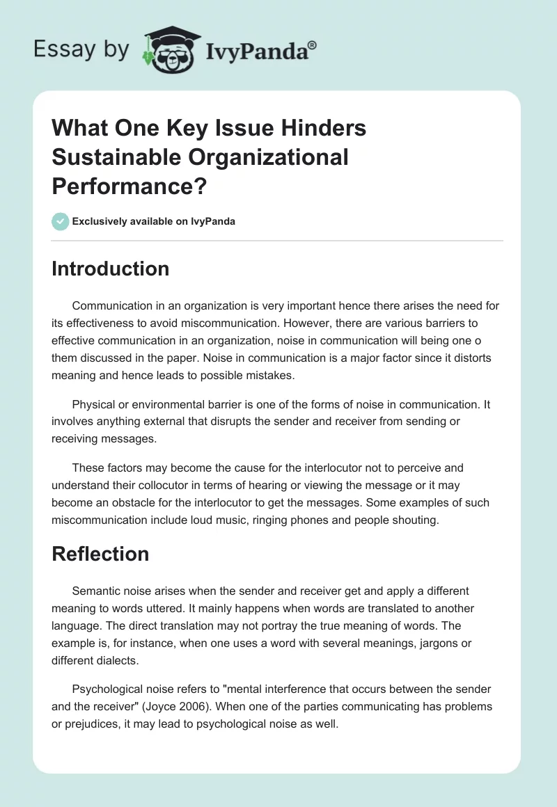 What One Key Issue Hinders Sustainable Organizational Performance?. Page 1