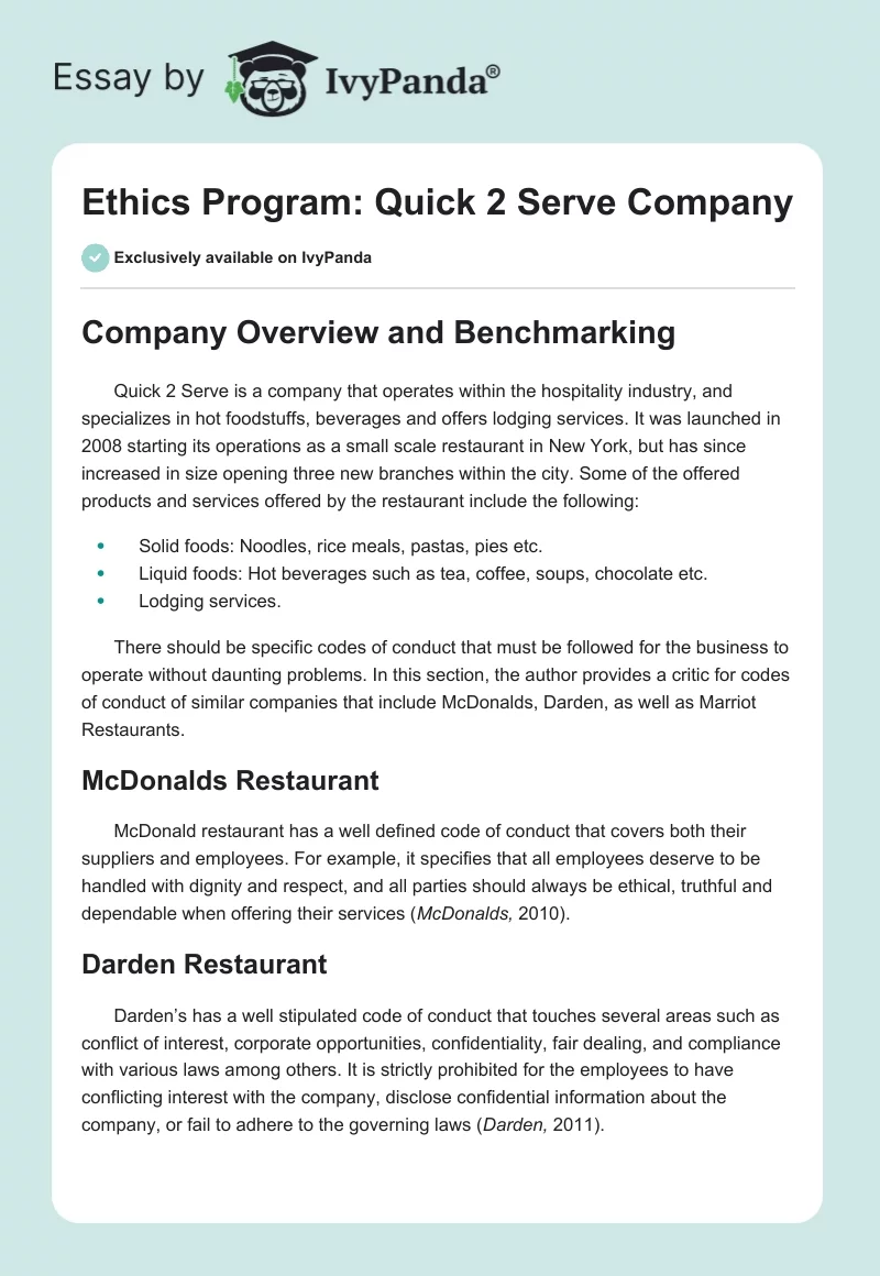 Ethics Program: Quick 2 Serve Company. Page 1