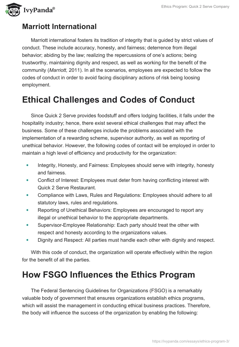 Ethics Program: Quick 2 Serve Company. Page 2