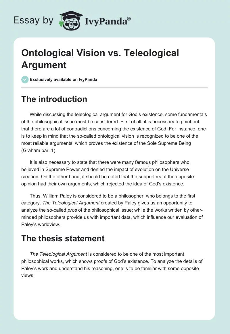 Ontological Vision vs. Teleological Argument. Page 1