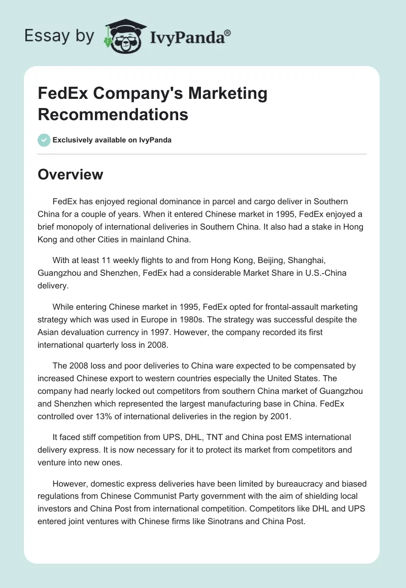 FedEx Company's Marketing Recommendations. Page 1