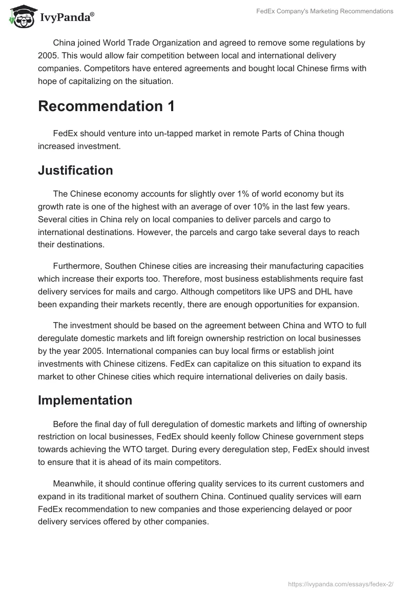 FedEx Company's Marketing Recommendations. Page 2