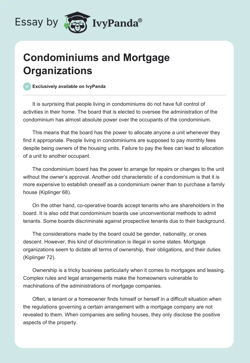 Condominiums and Mortgage Organizations. Page 1