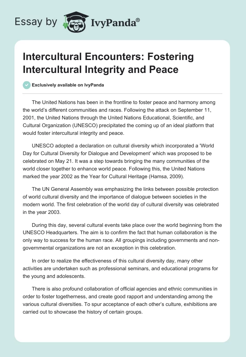 Intercultural Encounters: Fostering Intercultural Integrity and Peace. Page 1