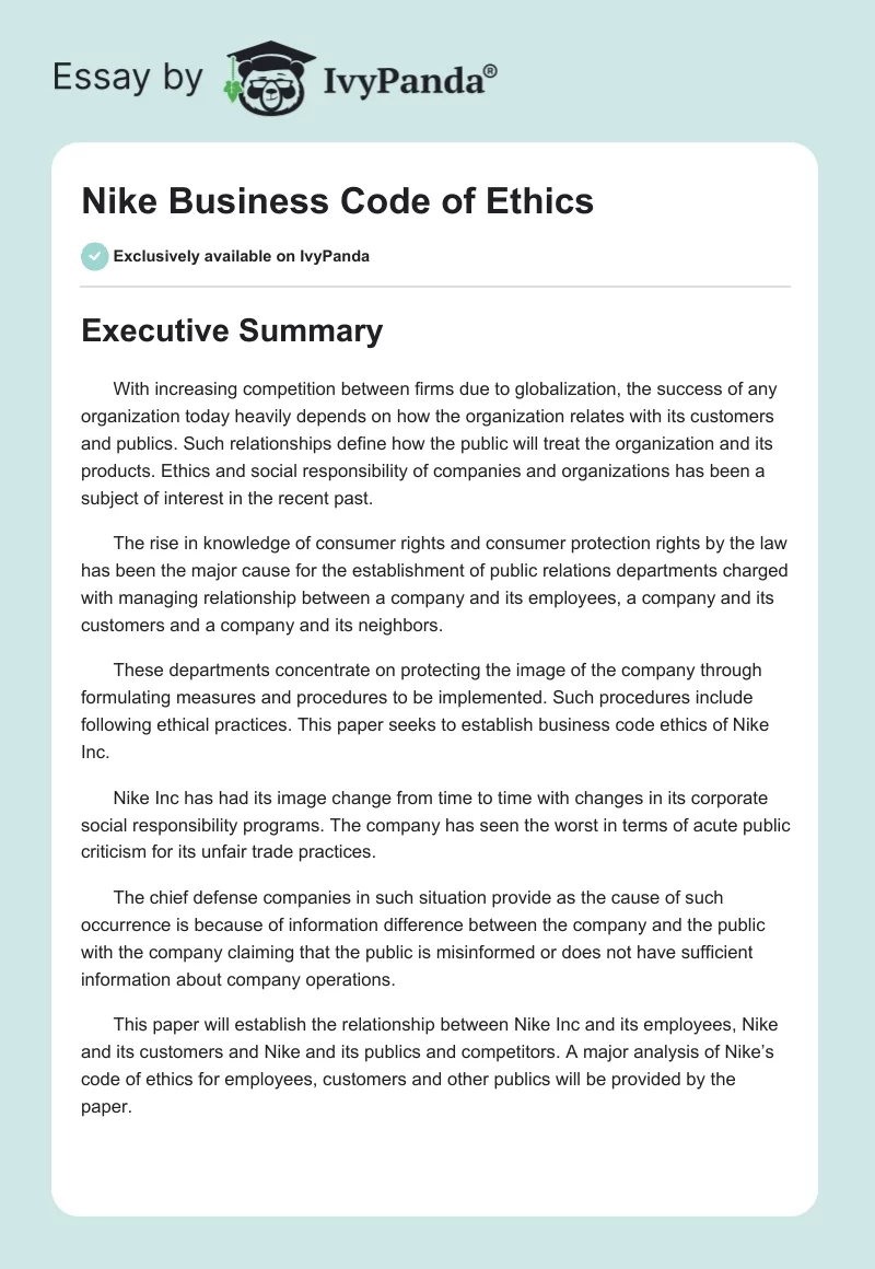 Nike Business Code of Ethics. Page 1