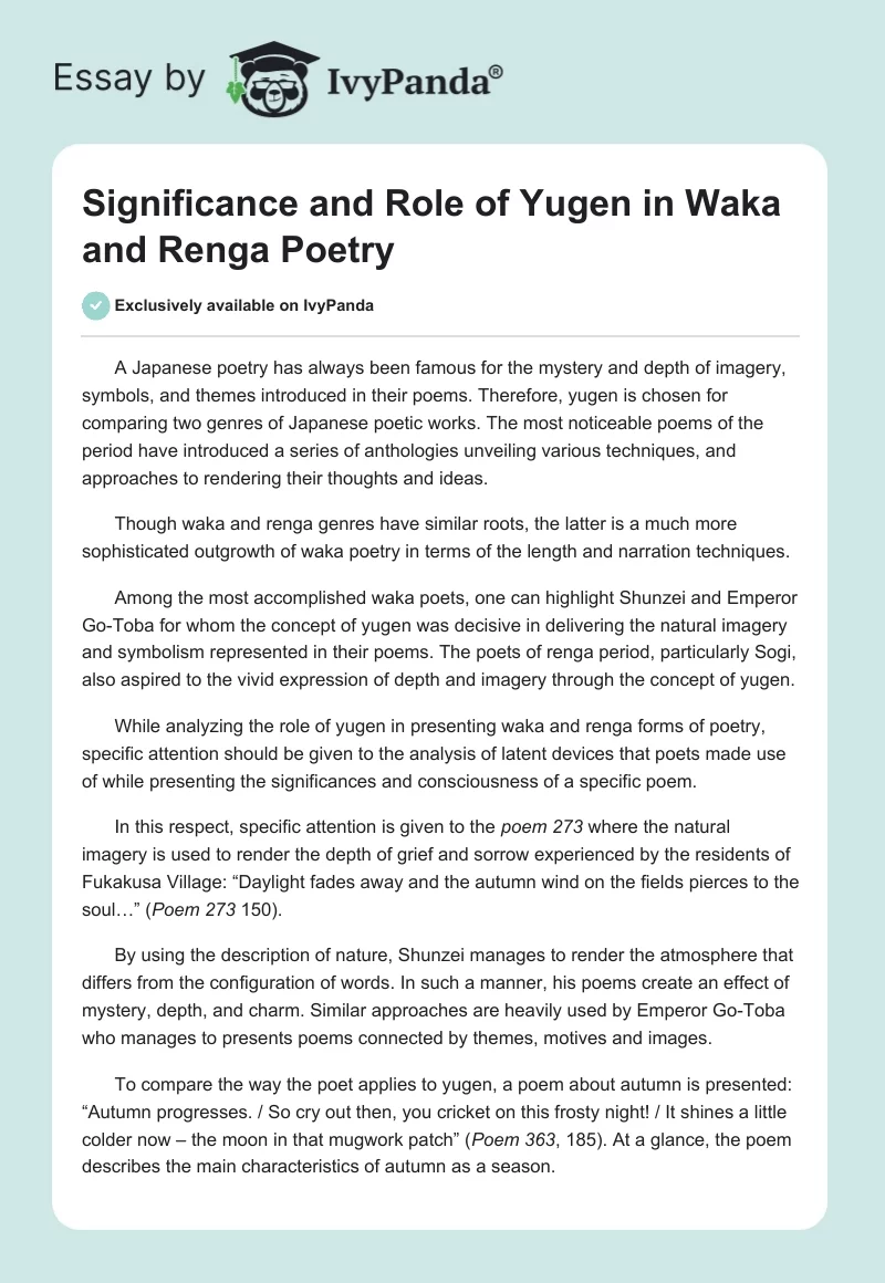 Significance and Role of Yugen in Waka and Renga Poetry. Page 1