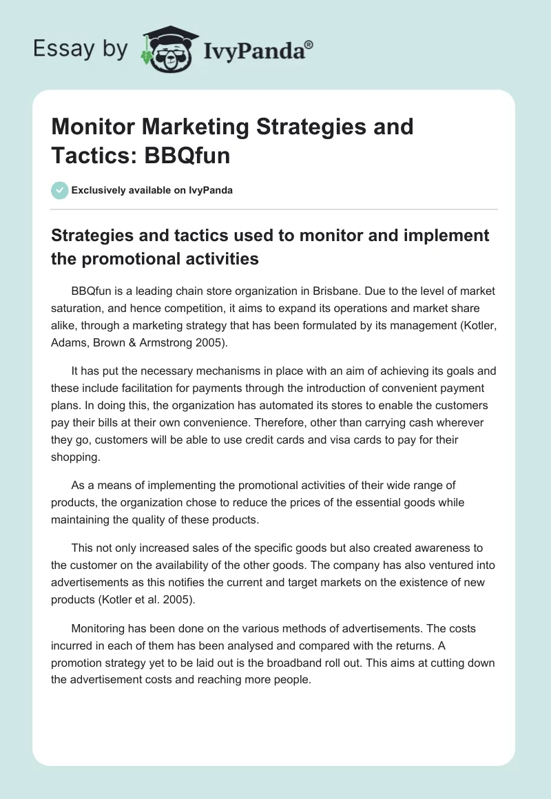 Monitor Marketing Strategies and Tactics: BBQfun. Page 1