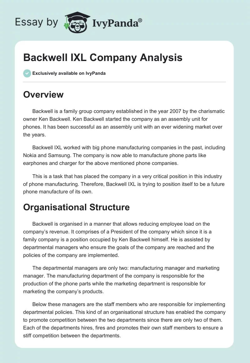 Backwell IXL Company Analysis. Page 1