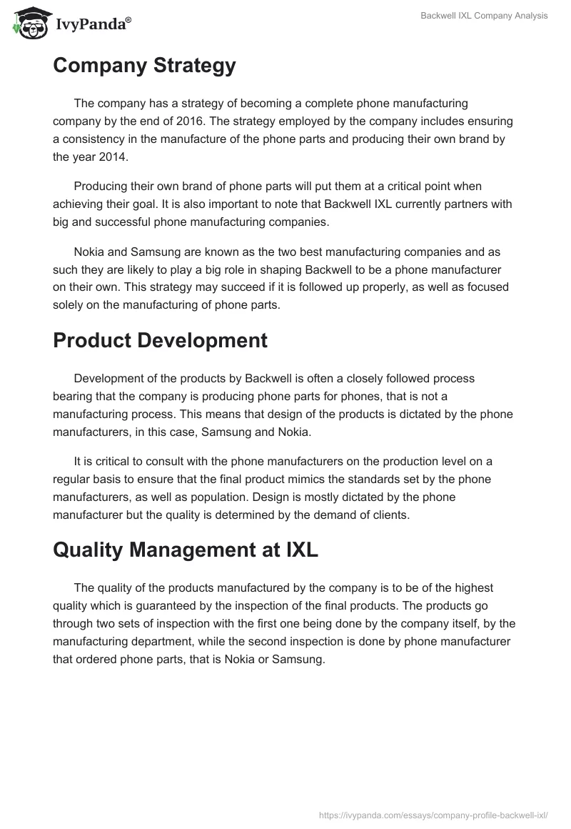 Backwell IXL Company Analysis. Page 2