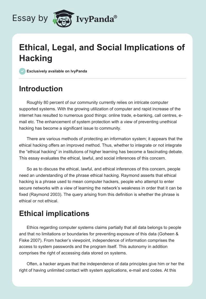 Ethical, Legal, and Social Implications of Hacking. Page 1