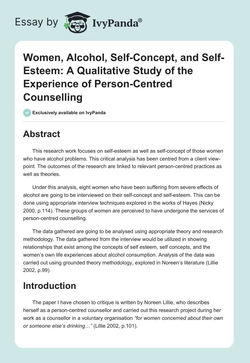 Women, Alcohol, Self-Concept, and Self-Esteem: A Qualitative Study of the Experience of Person-Centred Counselling. Page 1