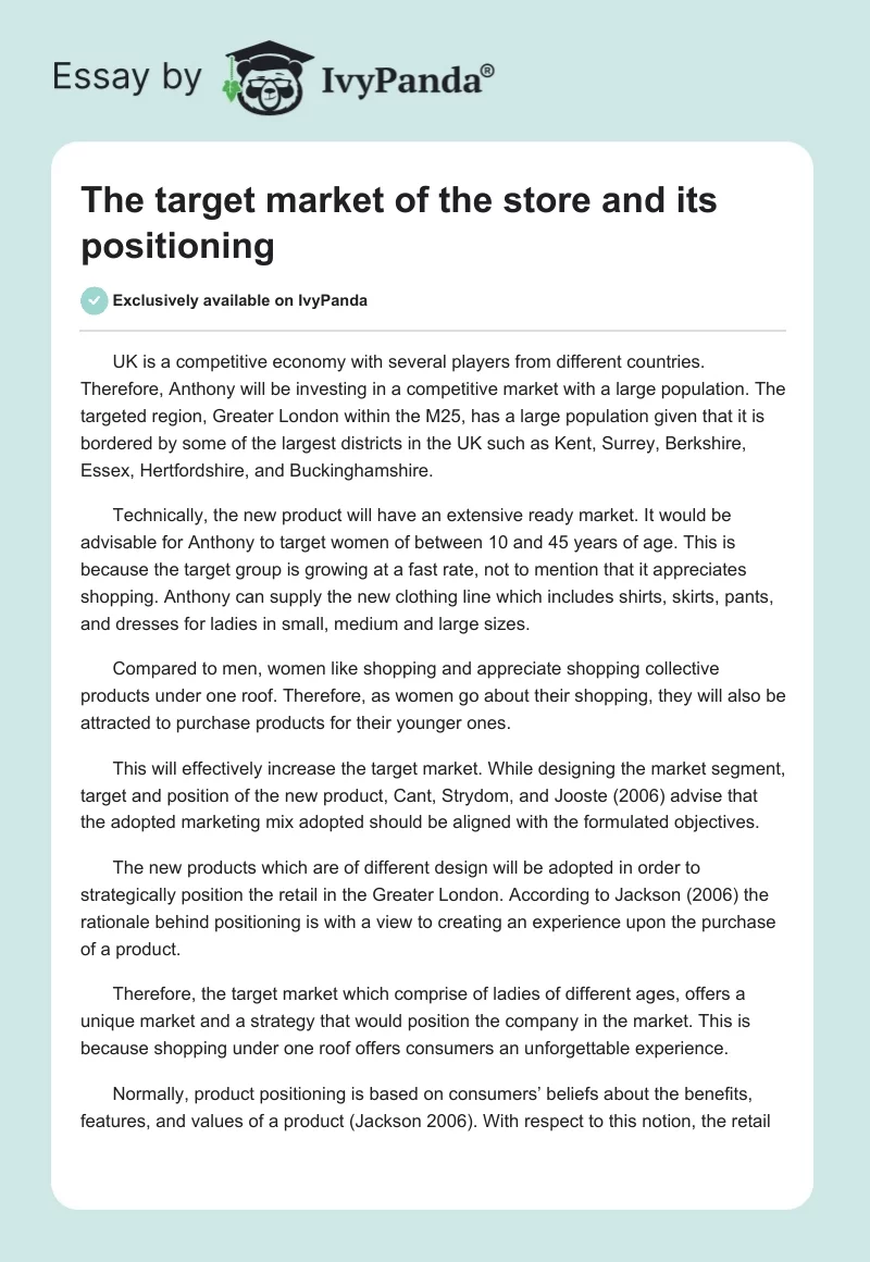 The target market of the store and its positioning. Page 1