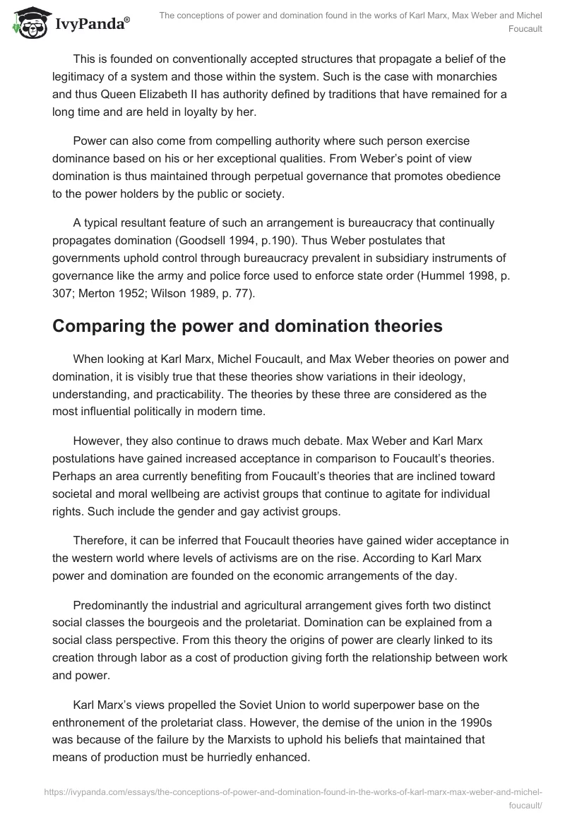 The Conceptions of Power and Domination Found in the Works of Karl Marx, Max Weber and Michel Foucault. Page 5