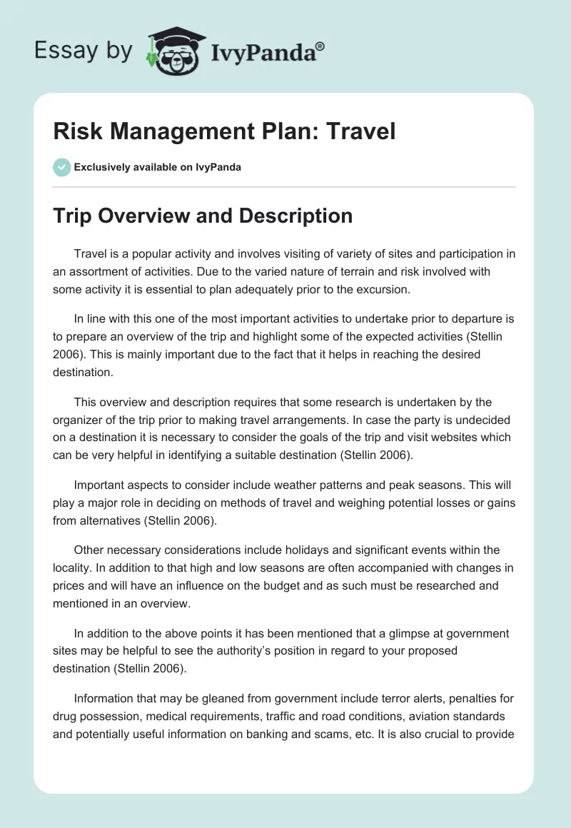 Risk Management Plan: Travel. Page 1