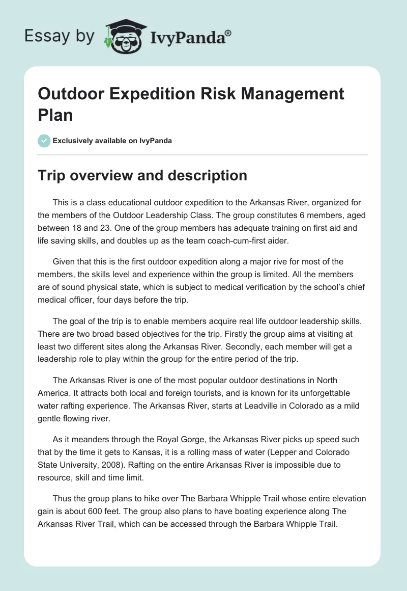 Outdoor Expedition Risk Management Plan. Page 1