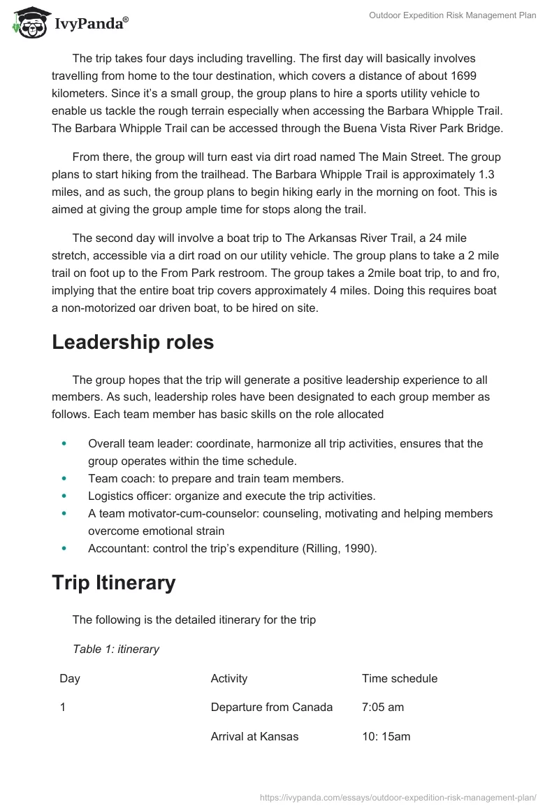 Outdoor Expedition Risk Management Plan. Page 2