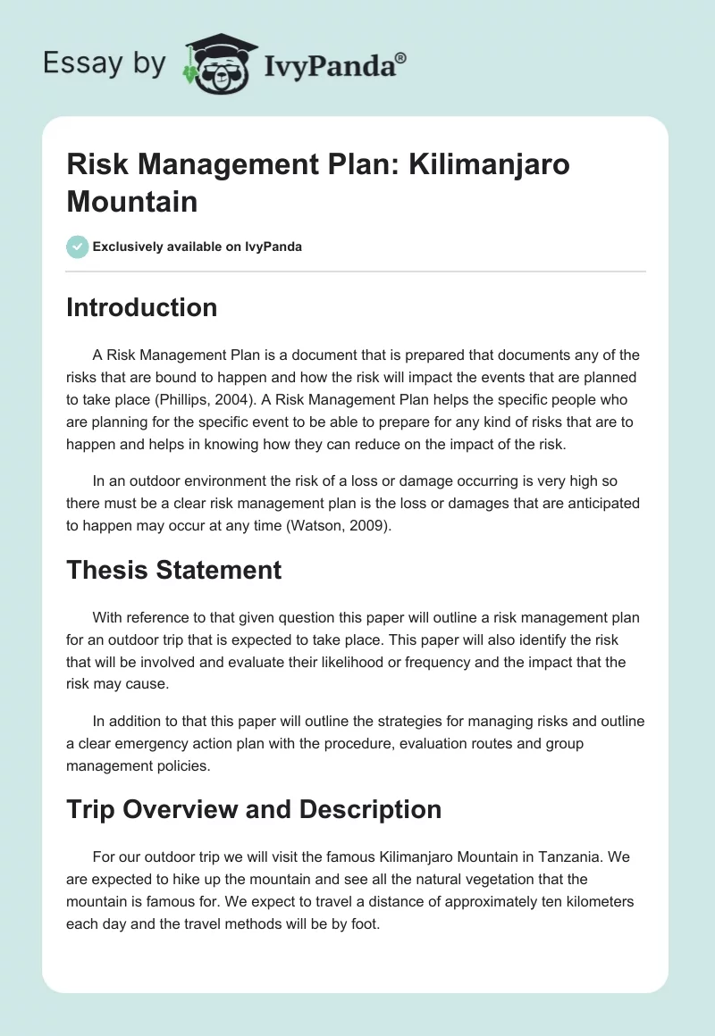 Risk Management Plan: Kilimanjaro Mountain. Page 1