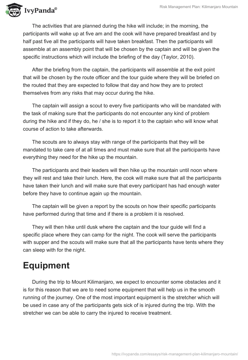 Risk Management Plan: Kilimanjaro Mountain. Page 4