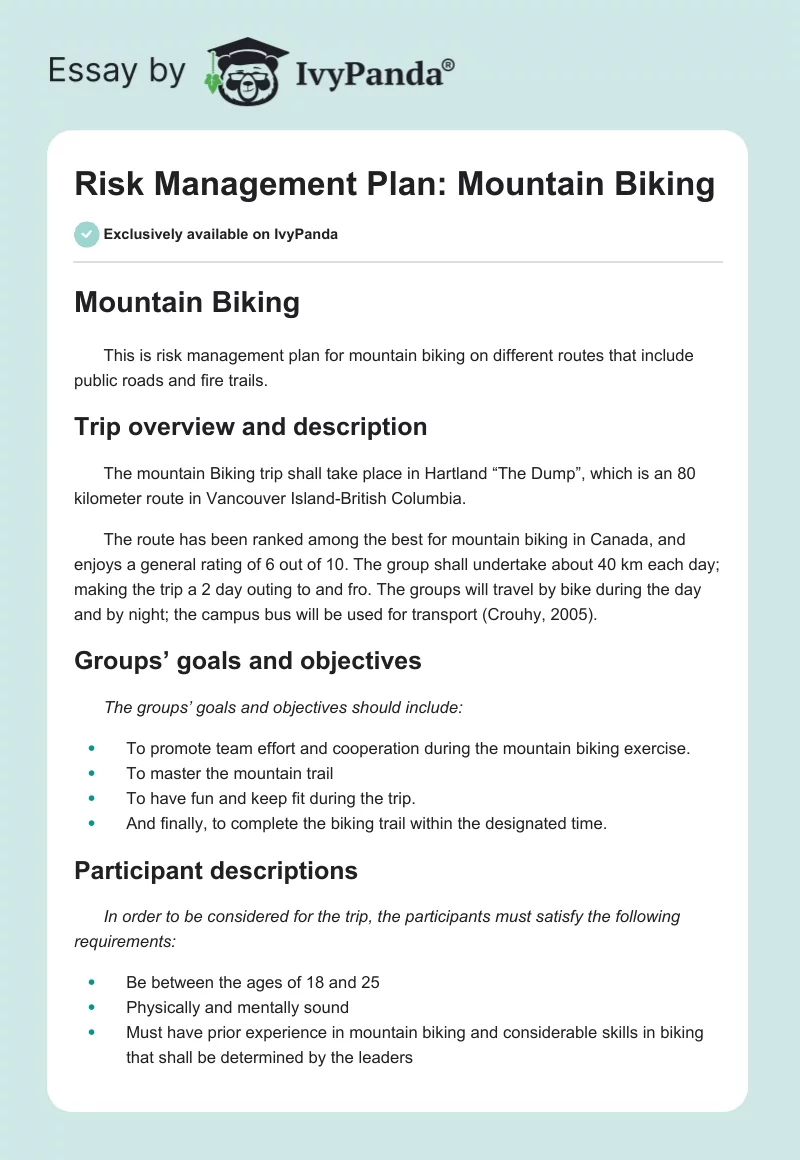 Risk Management Plan: Mountain Biking. Page 1