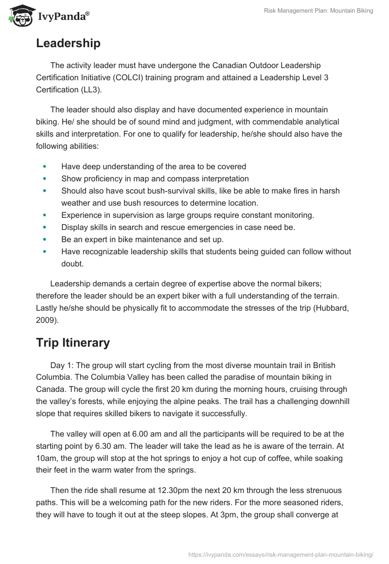 Risk Management Plan: Mountain Biking. Page 2