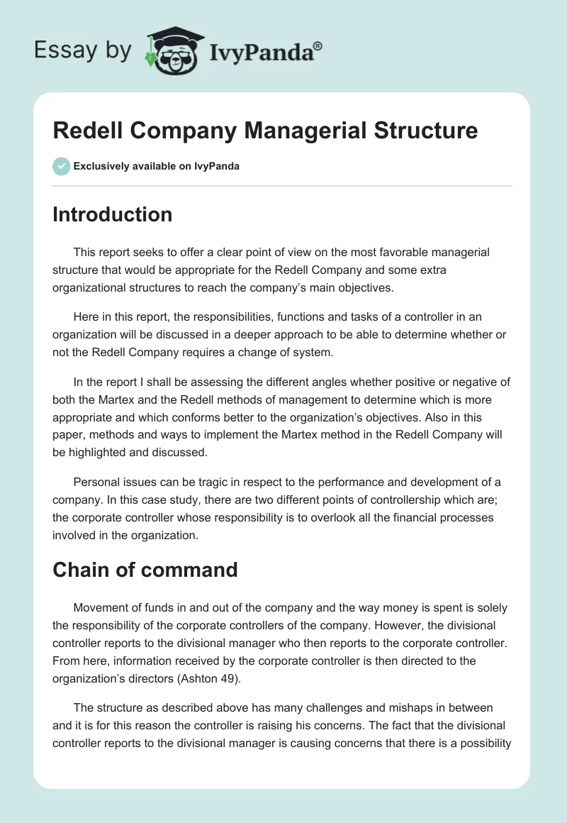 Redell Company Managerial Structure. Page 1