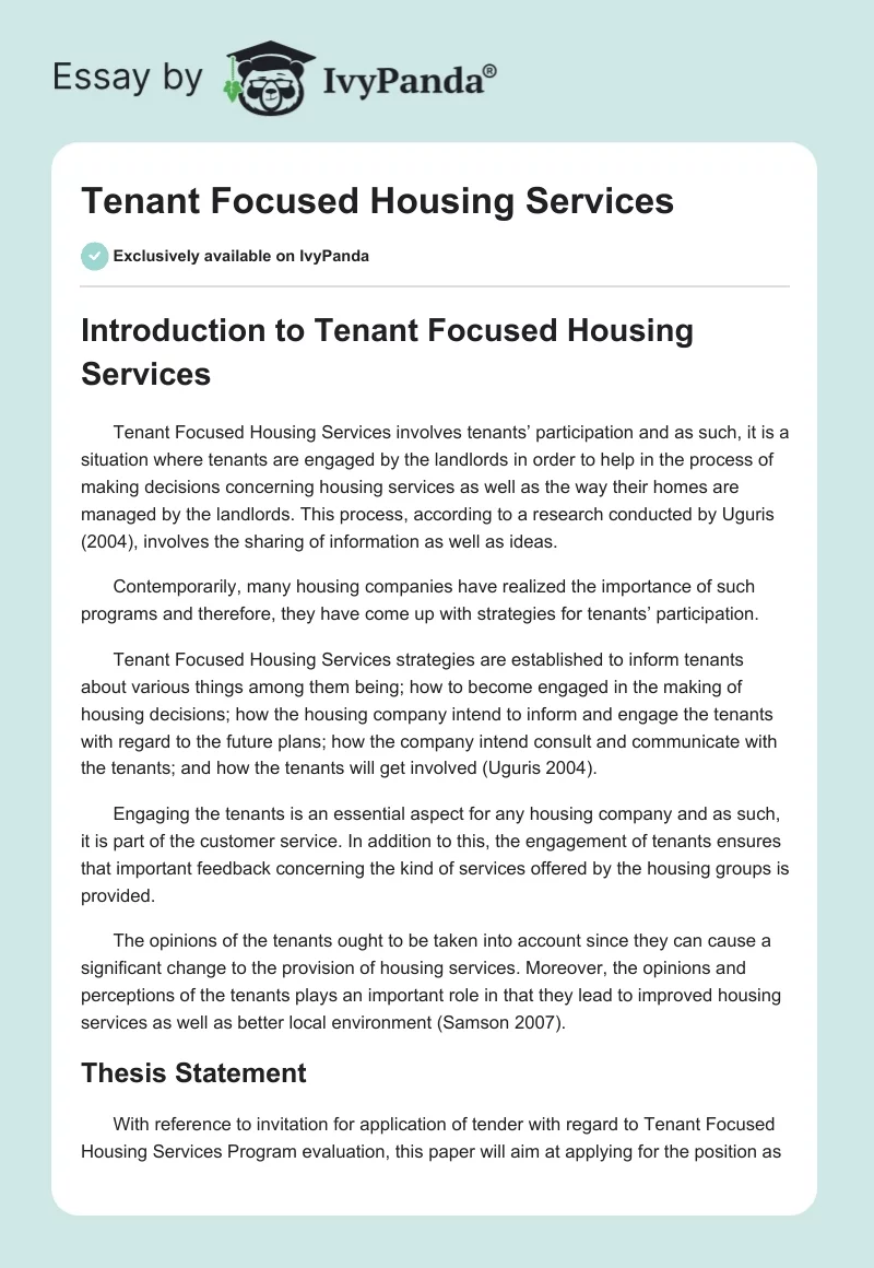 Tenant Focused Housing Services. Page 1