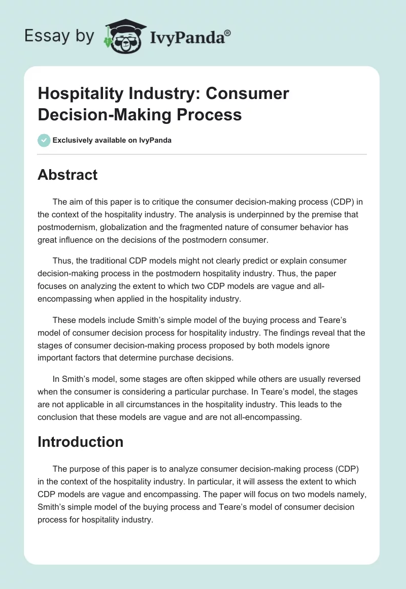 Hospitality Industry: Consumer Decision-Making Process. Page 1