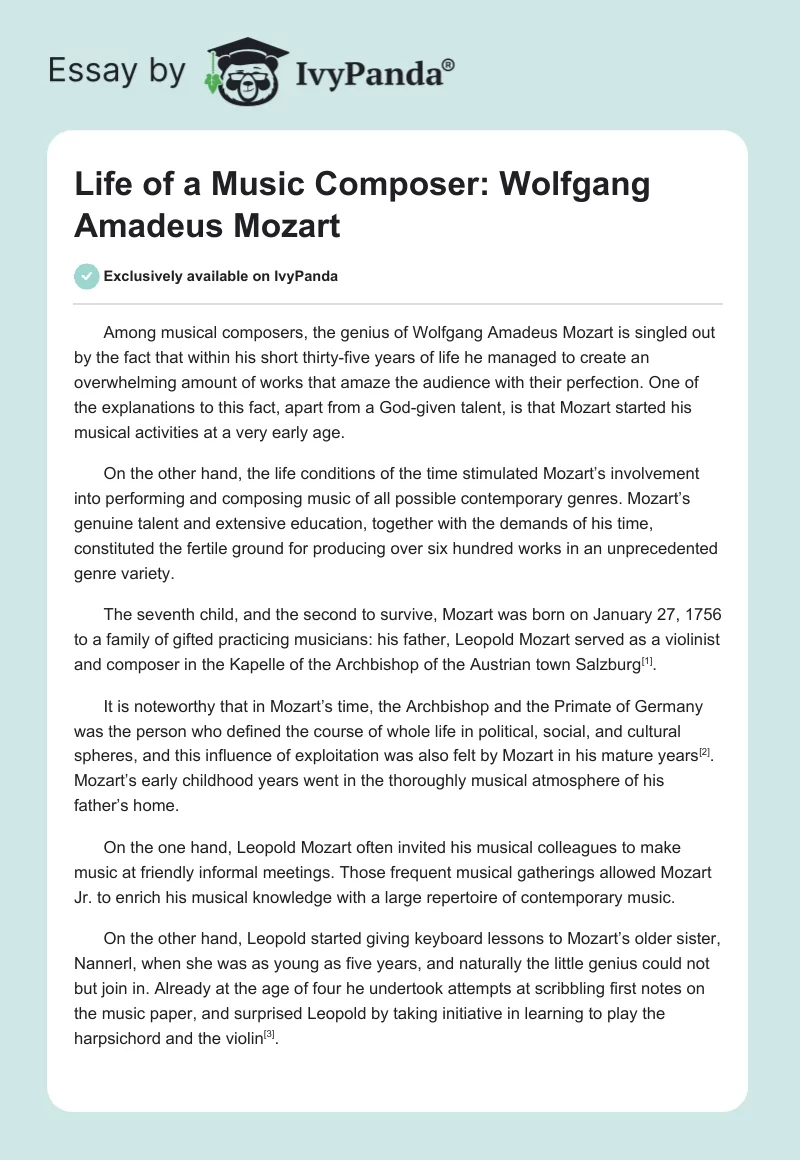 Life of a Music Composer: Wolfgang Amadeus Mozart. Page 1