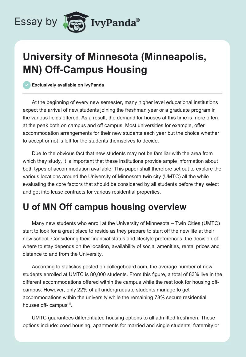 University of Minnesota (Minneapolis, MN) Off-Campus Housing. Page 1