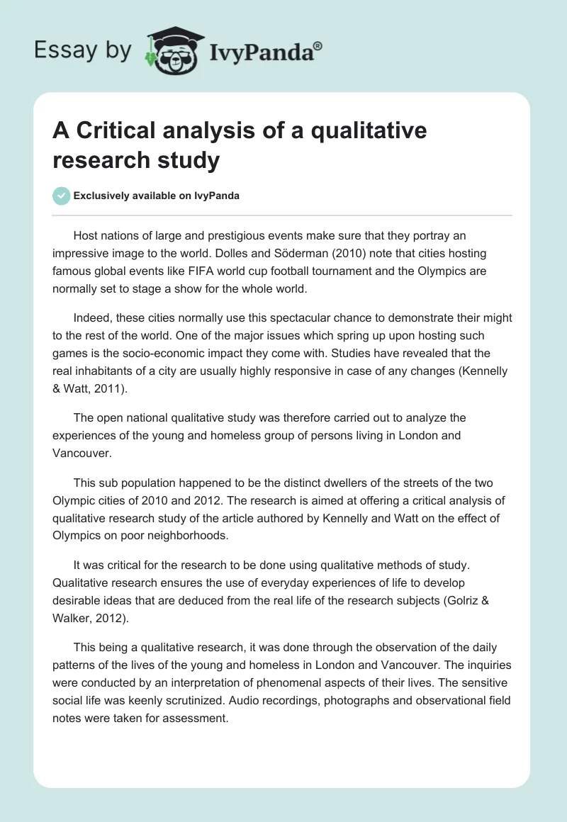 A Critical analysis of a qualitative research study. Page 1