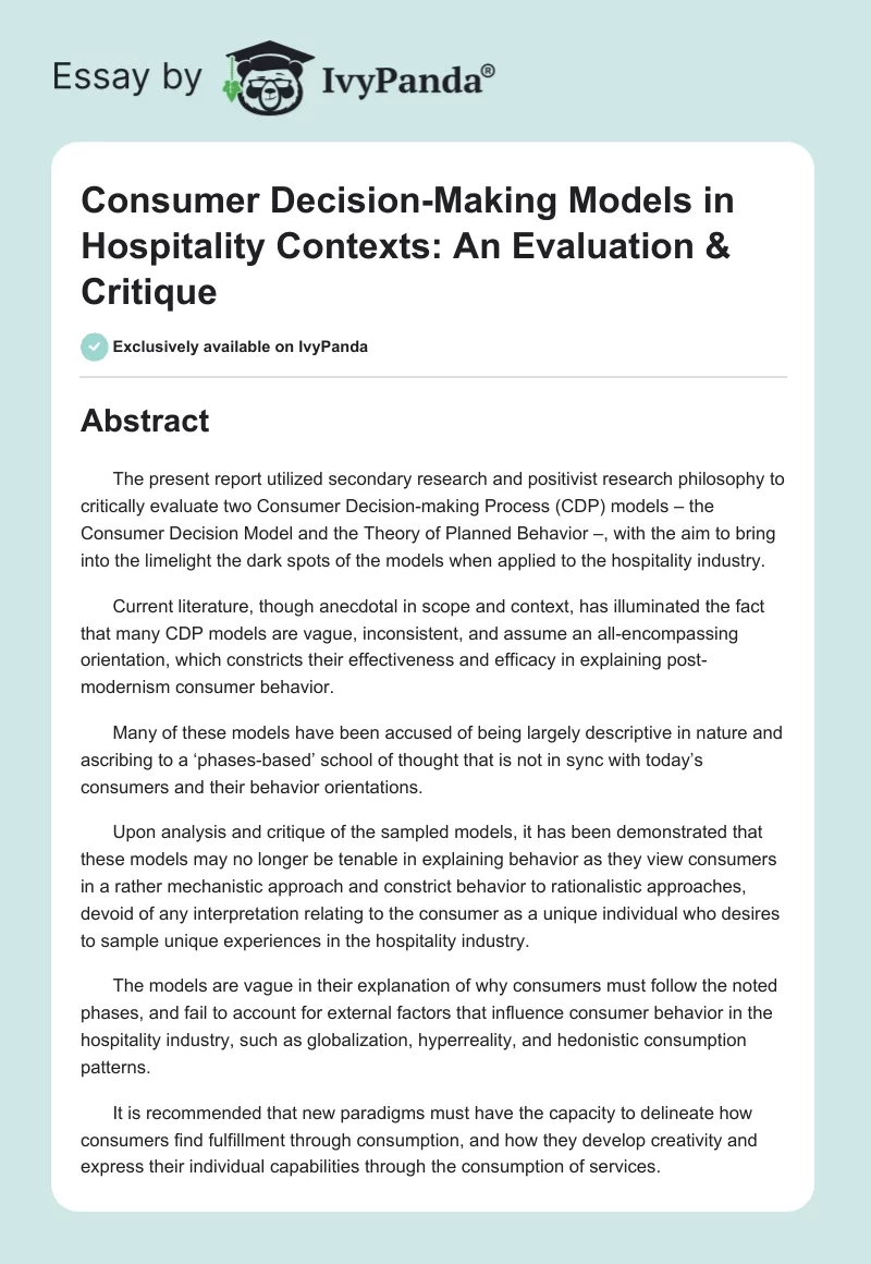 Consumer Decision-Making Models in Hospitality Contexts: An Evaluation & Critique. Page 1
