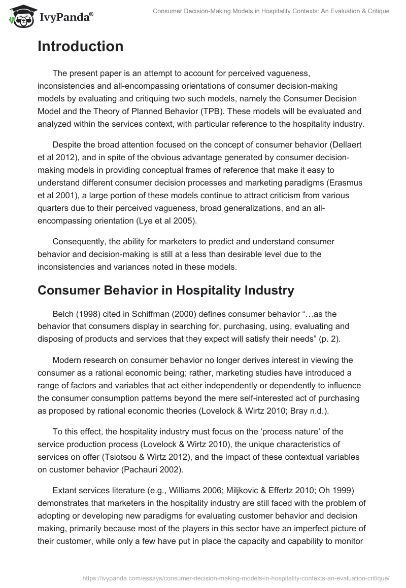 Consumer Decision-Making Models in Hospitality Contexts: An Evaluation & Critique. Page 2