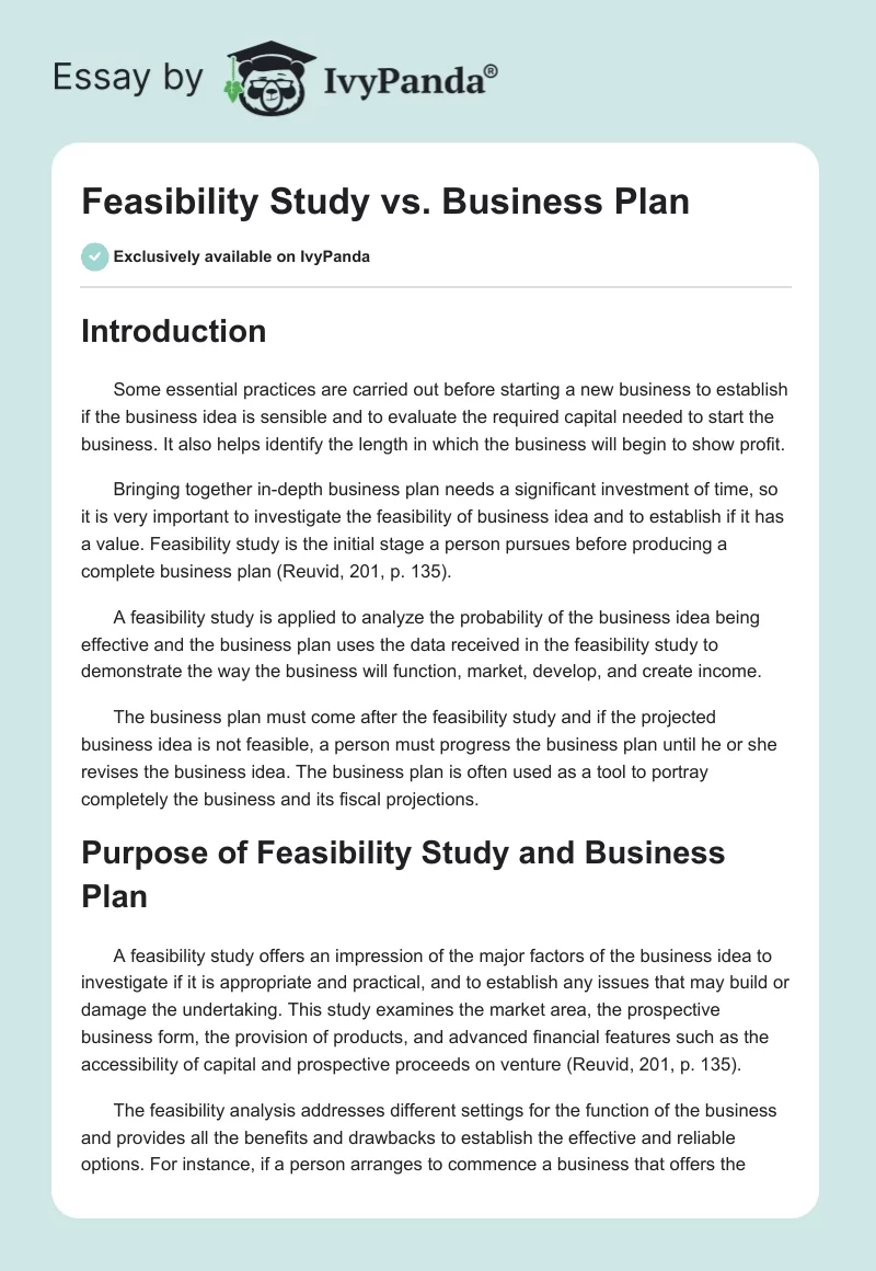 Feasibility Study vs. Business Plan. Page 1