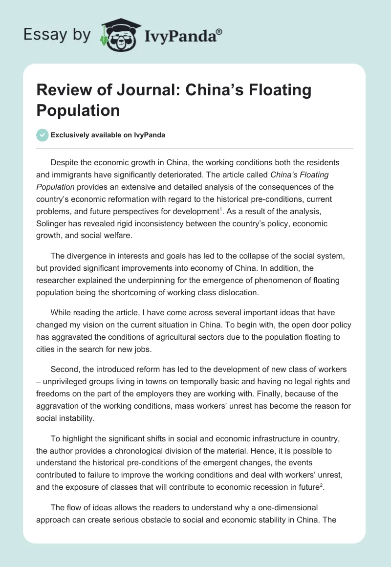 Review of Journal: China’s Floating Population. Page 1