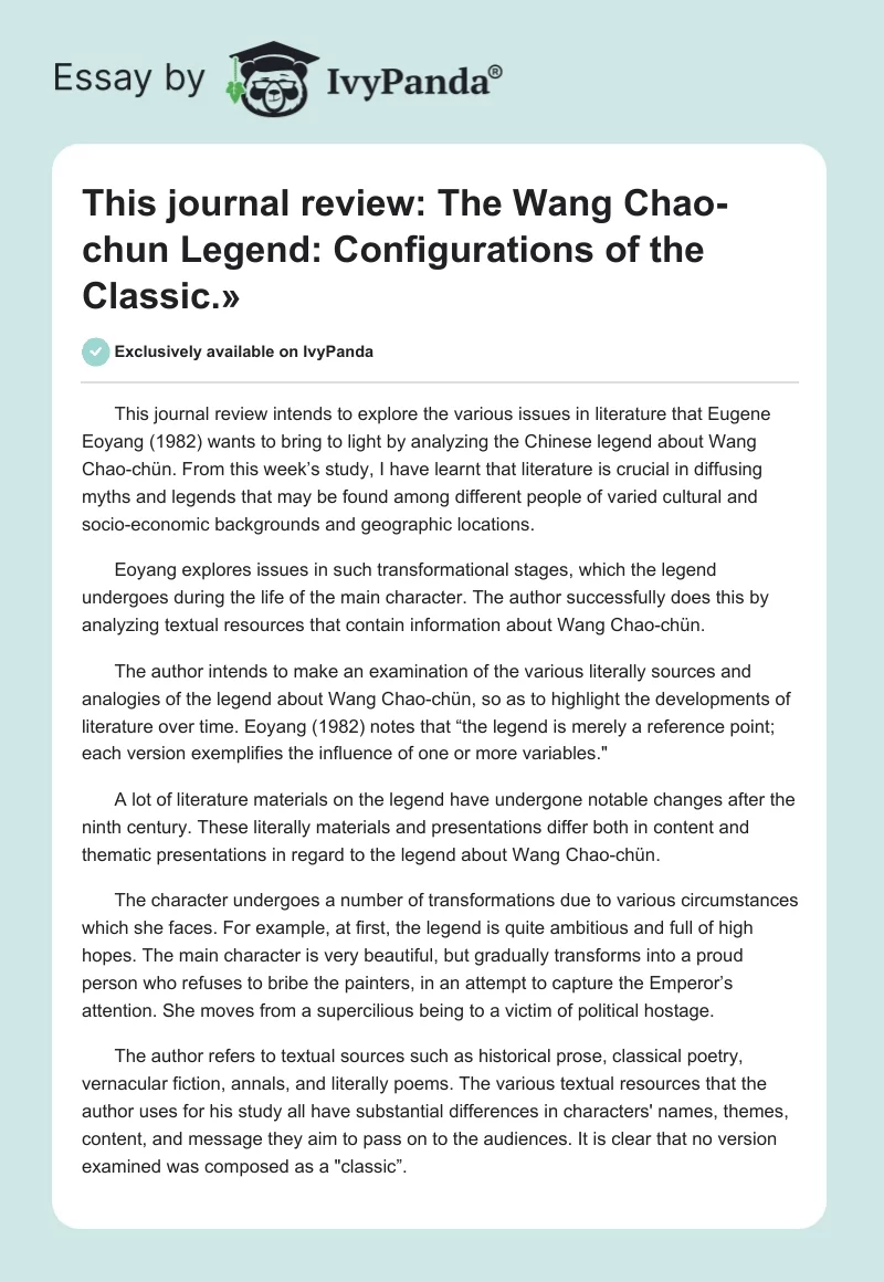 This journal review: "The Wang Chao-chun Legend: Configurations of the Classic.». Page 1