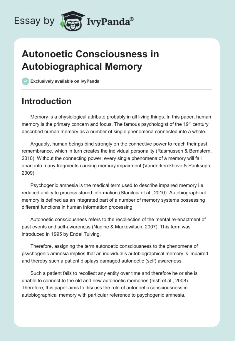 Autonoetic Consciousness in Autobiographical Memory. Page 1