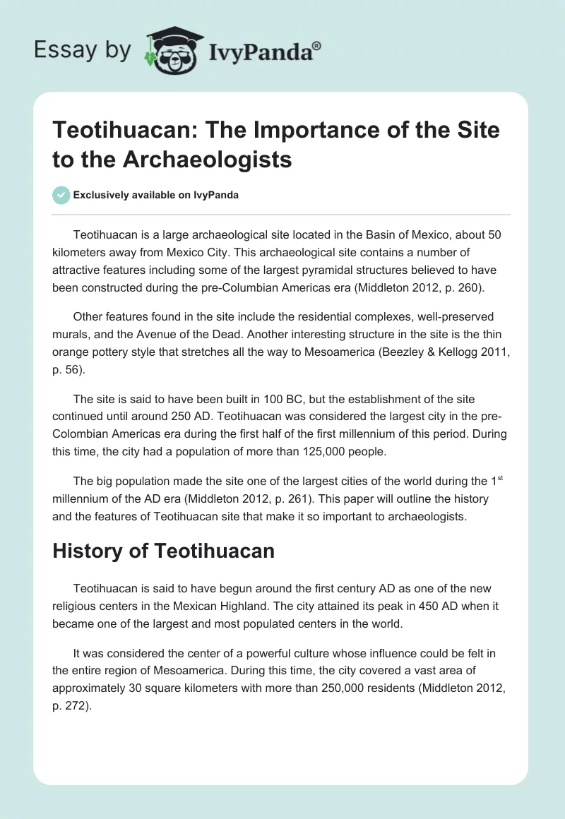Teotihuacan: The Importance of the Site to the Archaeologists. Page 1
