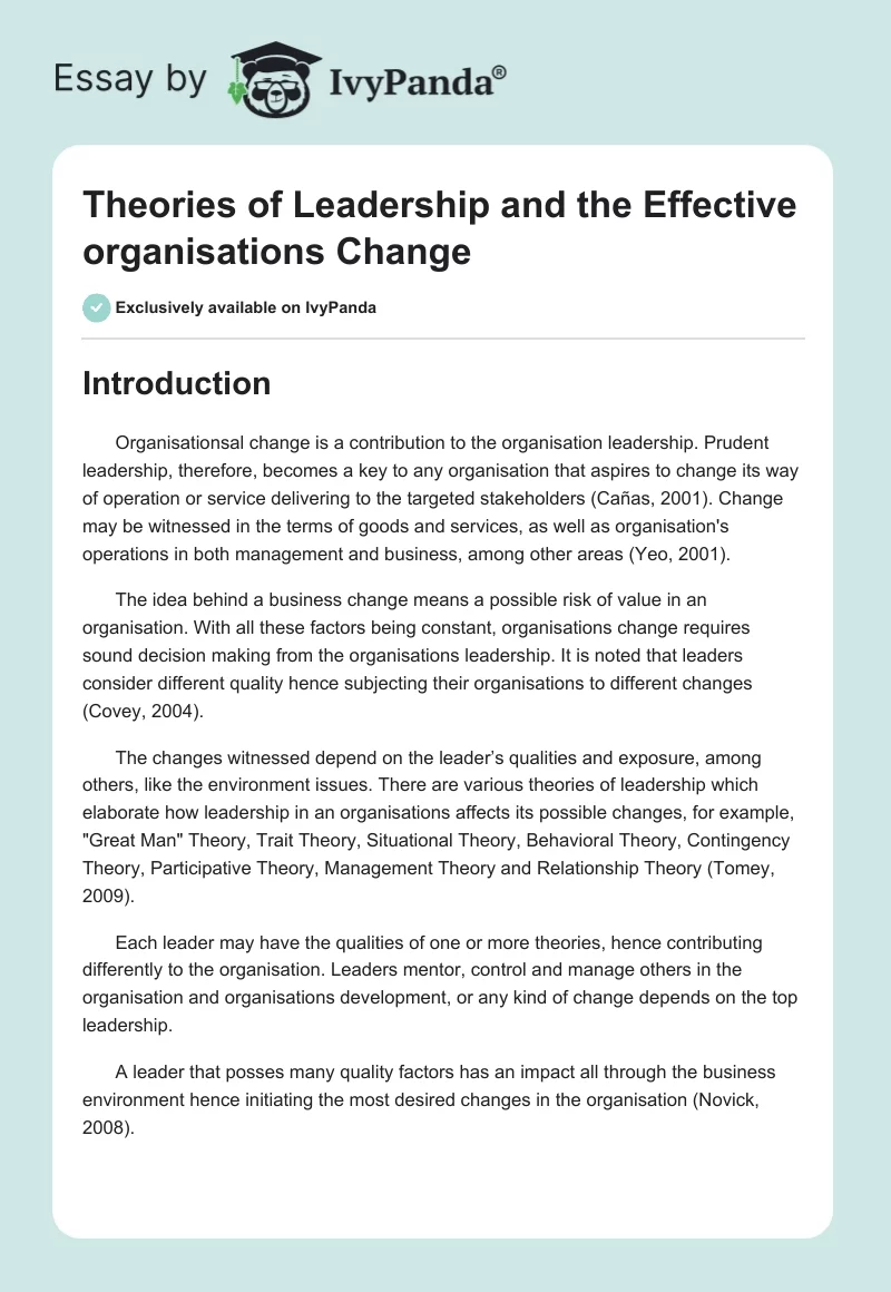 Theories of Leadership and the Effective organisations Change. Page 1