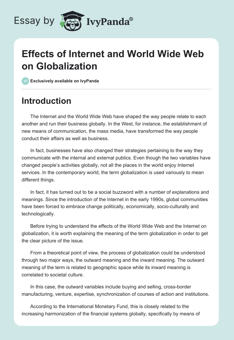 Effects of Internet and World Wide Web on Globalization. Page 1