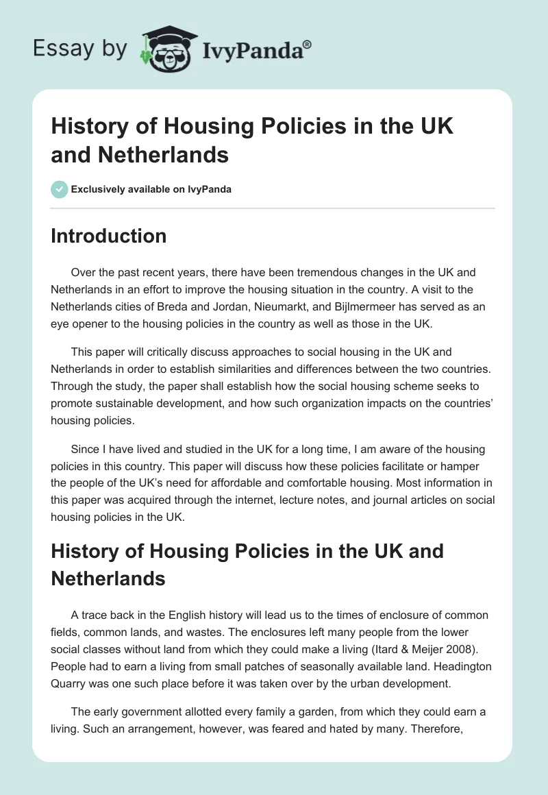 History of Housing Policies in the UK and Netherlands. Page 1