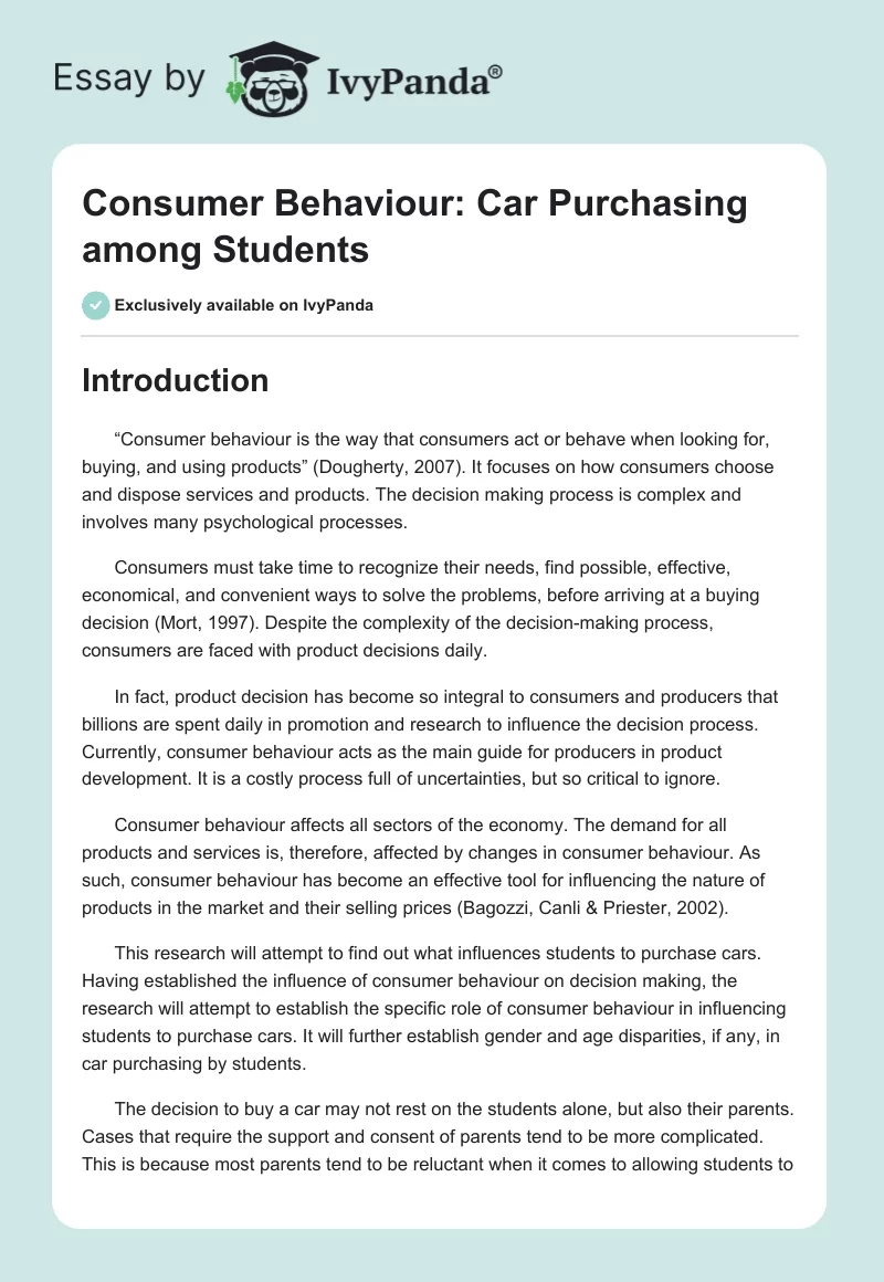 Consumer Behaviour: Car Purchasing among Students. Page 1